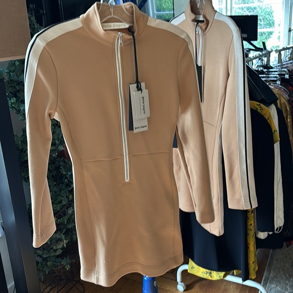 Palm Angels TRACK MINI DRESS  FITTED IN BEIGE WITH WHITE AT SLEEVES SIZE SMALL - Picture 5 of 8